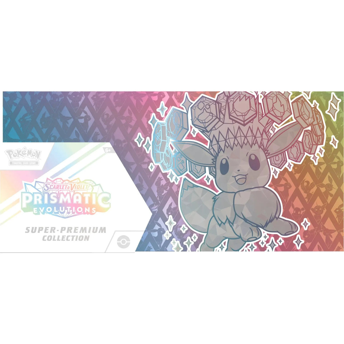 Pokémon Eevee ex trading card from the Scarlet & Violet Prismatic Evolutions Super-Premium Collection, featuring vibrant artwork.