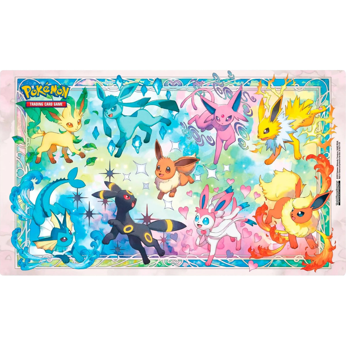 Pokémon Eevee ex from Scarlet & Violet Prismatic Evolutions Super-Premium Collection, featuring colorful artwork and a playmat.