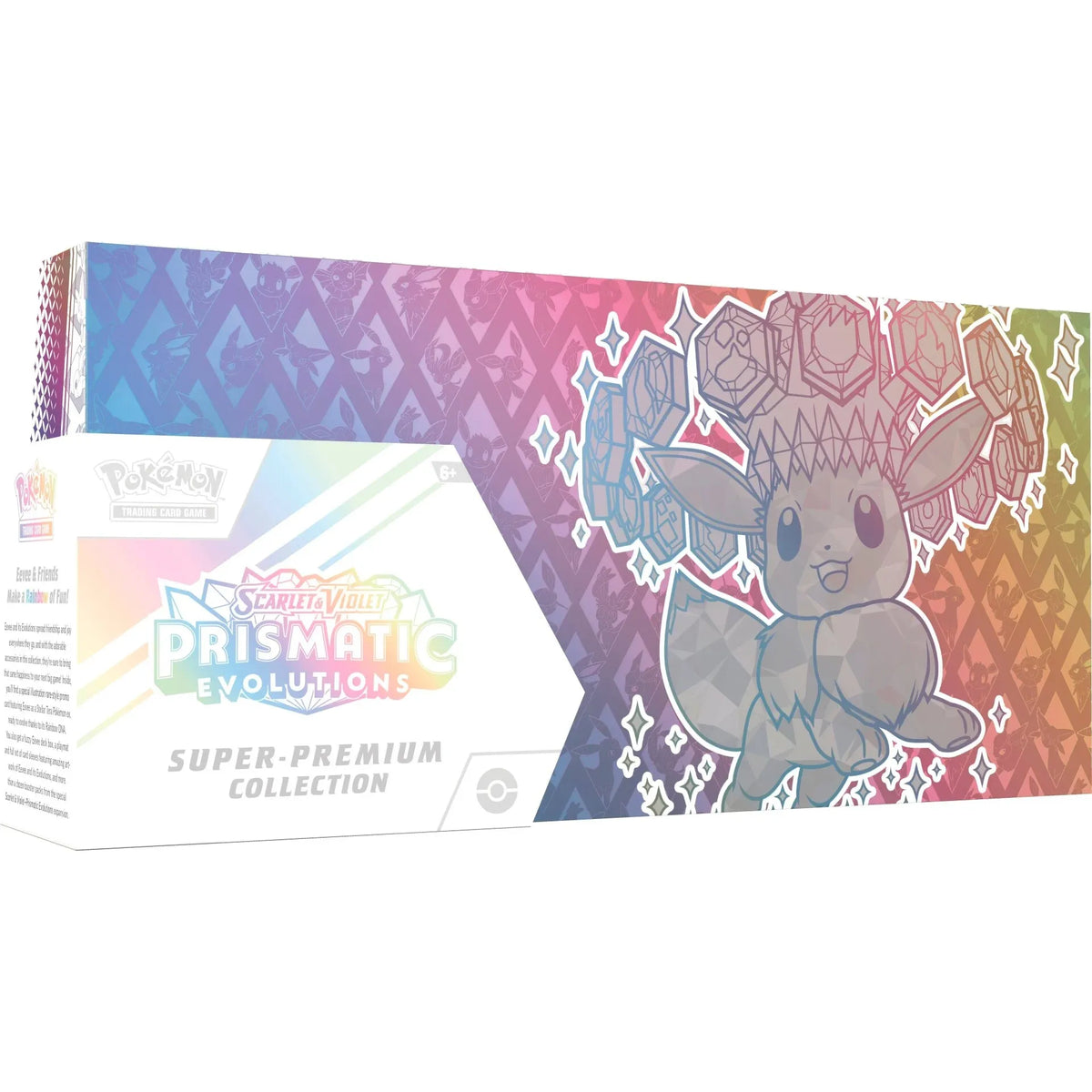 Pokémon Eevee ex trading card from the Scarlet & Violet Prismatic Evolutions Super-Premium Collection, featuring vibrant artwork and packaging.