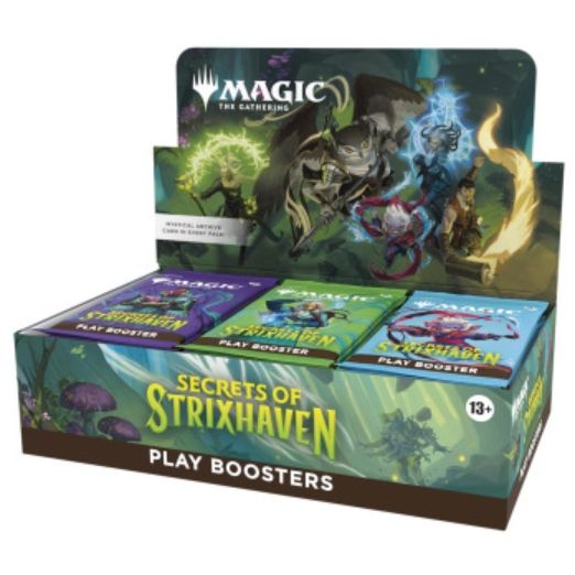 Screenshot of Magic: The Gathering Secrets of Strixhaven Play Booster Box, featuring colorful booster packs and branding.
