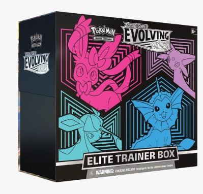 Pokemon Sword & Shield Evolving Skies Elite Trainer Box featuring Glaceon, Vaporeon, Sylveon, and Espeon.