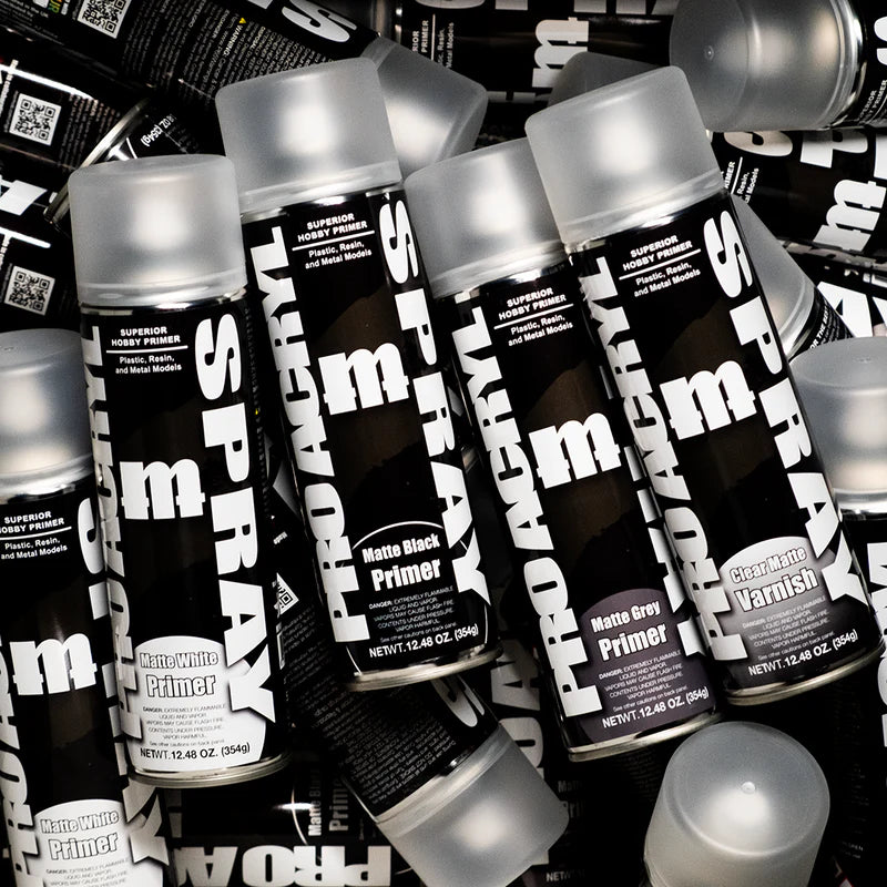 Monument Hobbies PRO Acryl Spray in clear matte varnish, showing the aerosol can with label and spray nozzle.