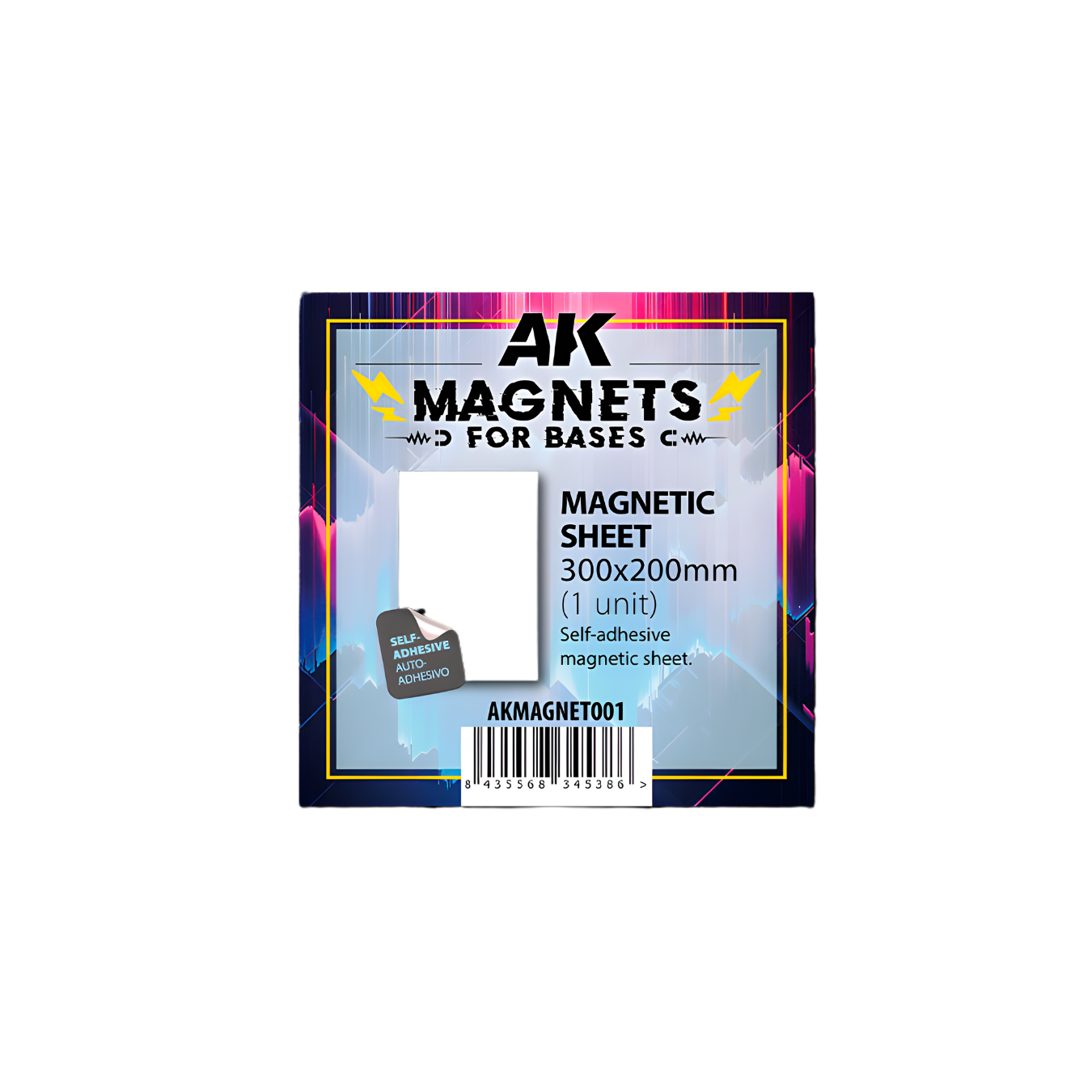 Packaging of AK Magnets magnetic sheet with colorful border on a white background