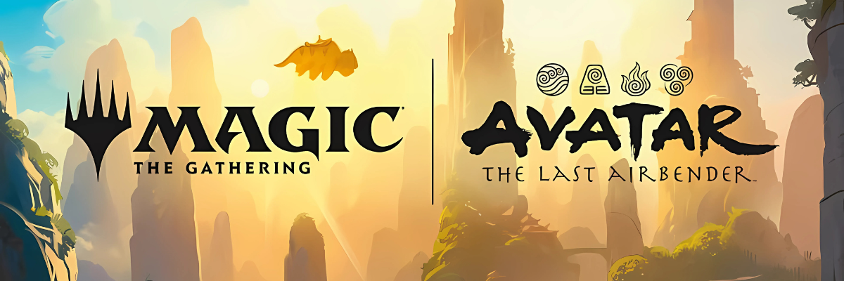 Collaboration between 'Magic: The Gathering' and 'Avatar: The Last Airbender' logos with stylized mountains and sky in the background.