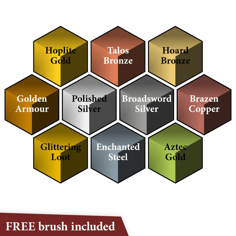 The Army Painter Speedpaint Metallics Set 2.0 featuring a variety of metallic paint bottles for miniature painting.