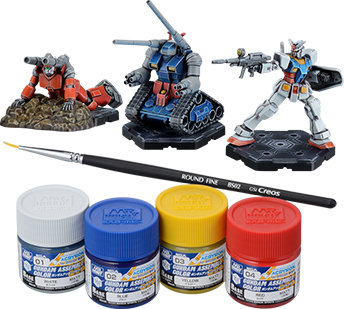Gundam Assemble Color Paint Pack 01 (PA01) — three unpainted miniatures with four water-based acrylic paints and a brush