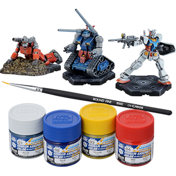 Gundam Assemble Color Paint Pack 01 (PA01) — three unpainted miniatures with four water-based acrylic paints and a brush