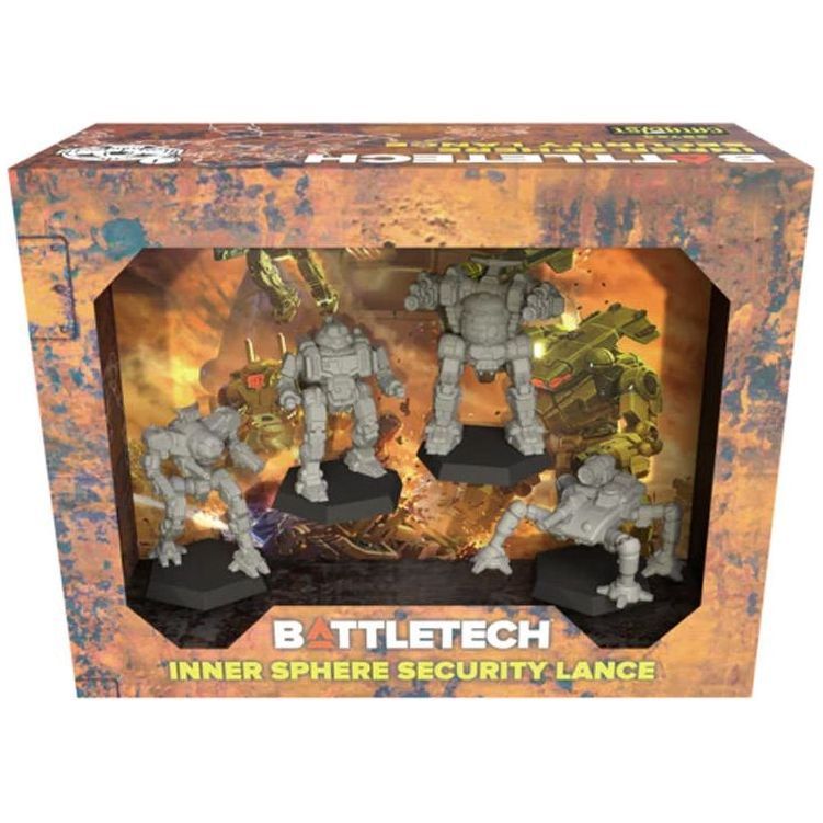 BattleTech: Mercenaries Inner Sphere Security Lance miniatures set in box.