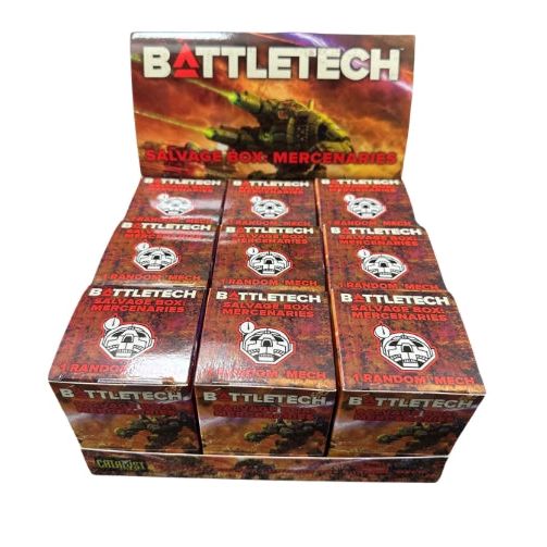 BattleTech Salvage Box Mercenaries display with multiple miniature boxes.