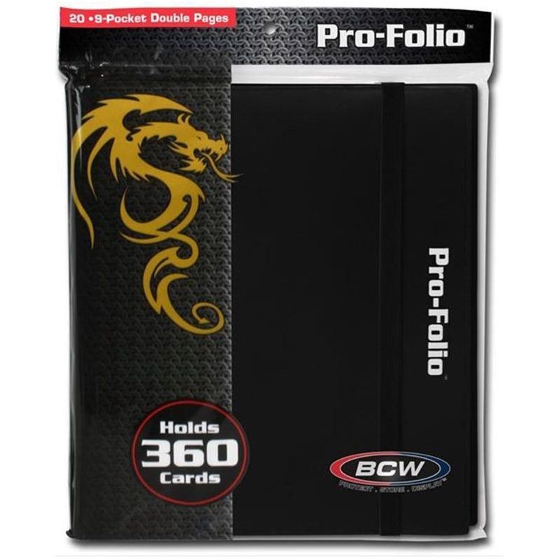 BCW Pro-Folio black binder with 9-pocket pages for 360 cards, featuring side-loading and matte black cover.