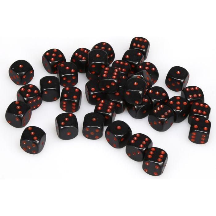 Chessex: d6 Cube 12mm opaque black dice with red pips, set of 36.