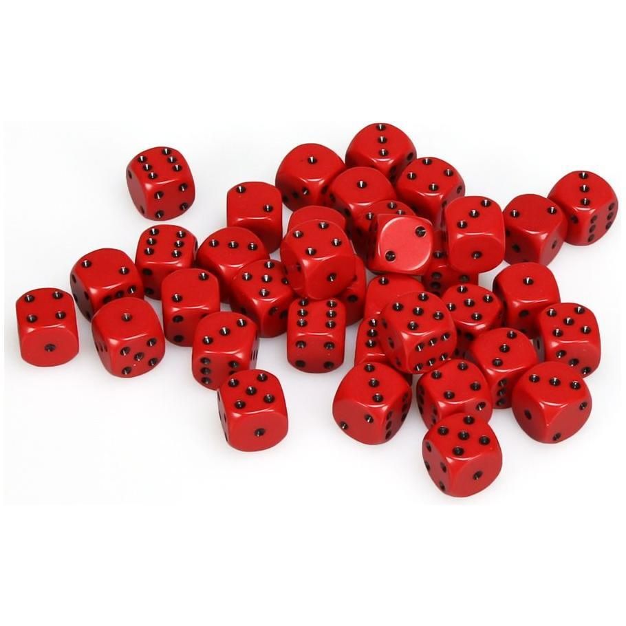 Chessex D6 Cube 12mm opaque red dice with black pips, set of 36.