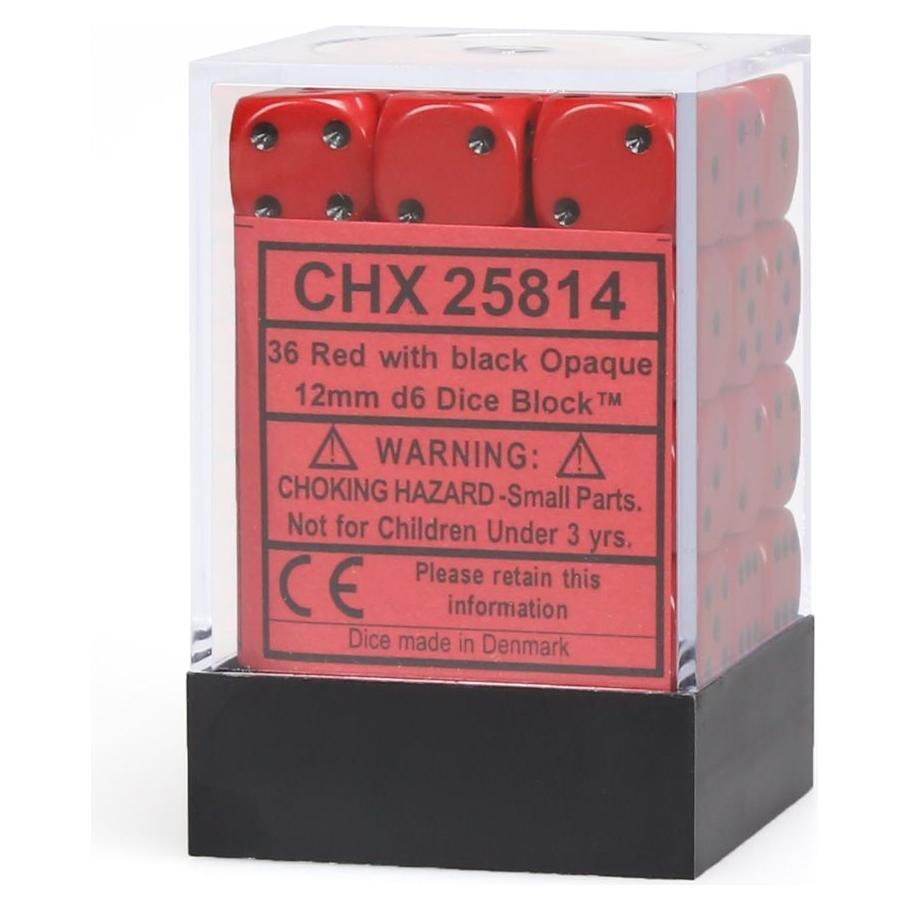 Chessex D6 Cube 12mm Opaque Red Dice with Black Pips (36)