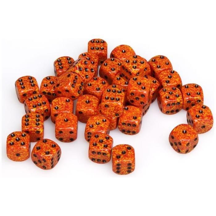 Chessex: d6 Cube 12mm Speckled Fire dice set with black pips, 36 pieces.