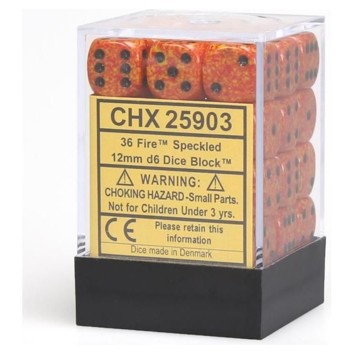Chessex: d6 Cube 12mm Speckled Fire dice set with 36 black pip dice.