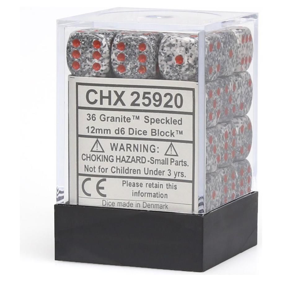 Chessex: d6 Cube 12mm Speckled Granite Dice with Red Pips, 36 Count