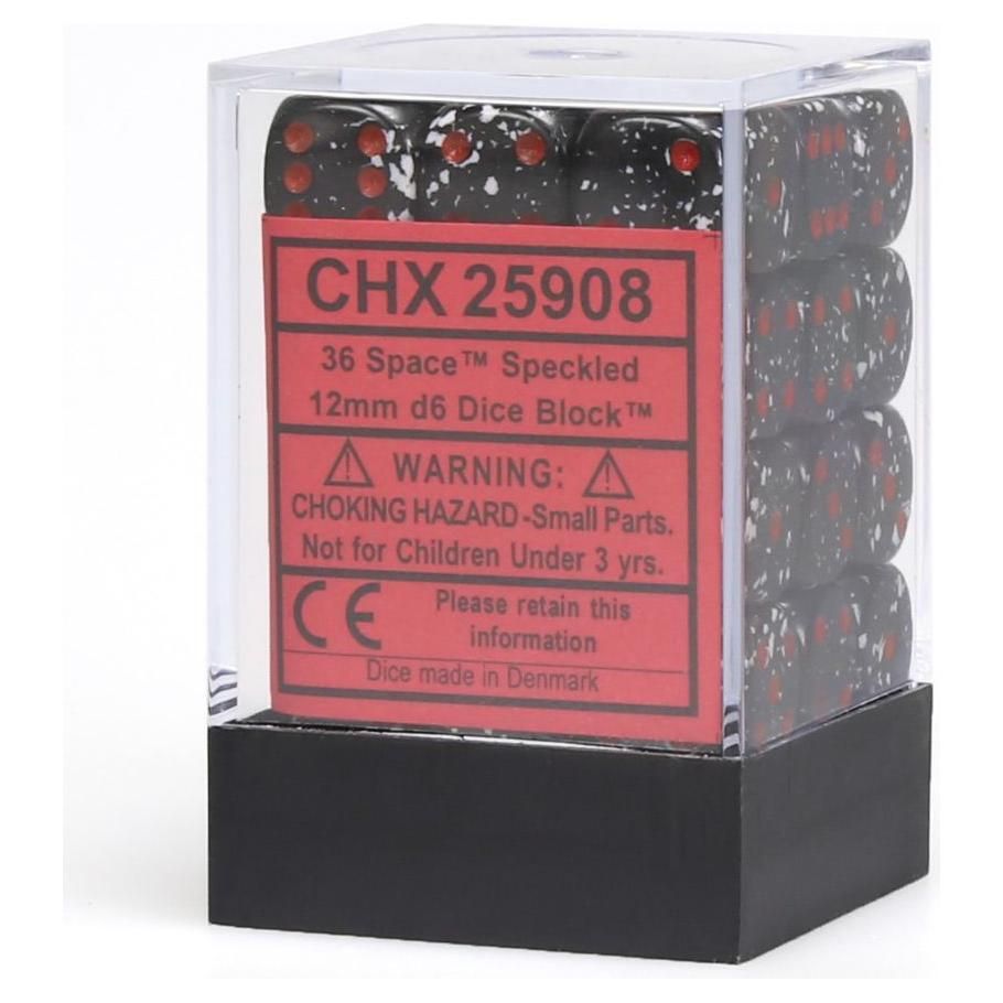 Chessex d6 Cube 12mm Speckled Space dice, black light reactive, 36 pieces.