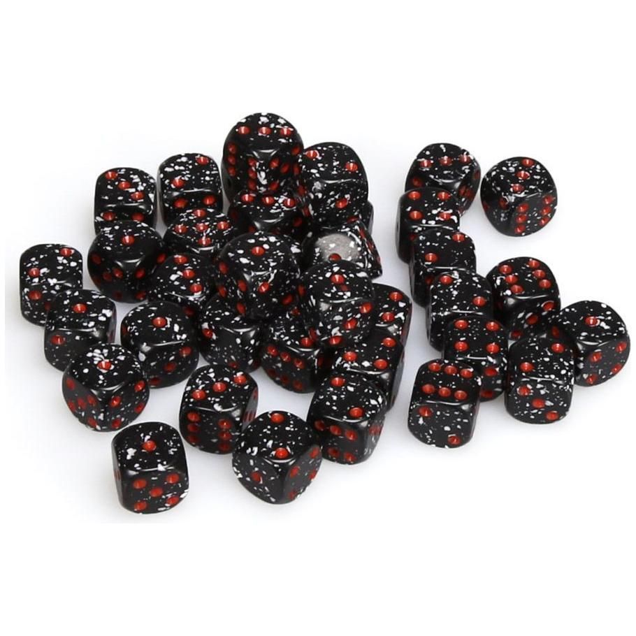 Chessex: d6 Cube 12mm Speckled Space dice set, black light reactive, with red pips, 36 pieces.