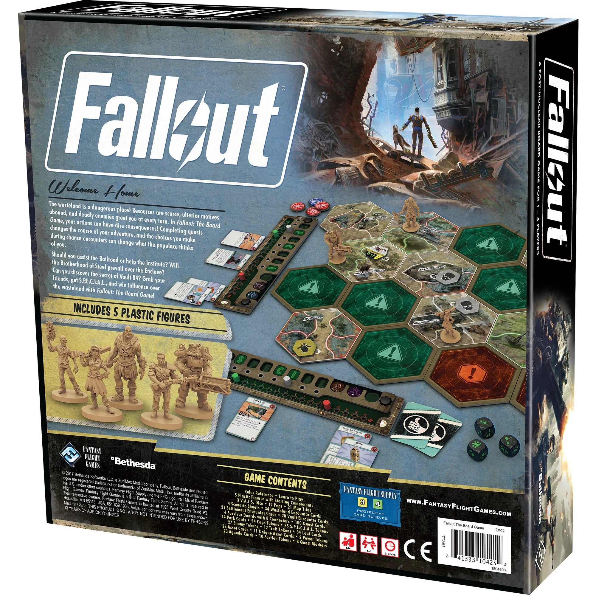 Fallout: The Board Game box showcasing post-nuclear adventure, modular board, and miniatures.