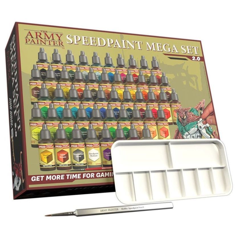 The Army Painter Speedpaint Mega Set 2.0 with 42 colors, metallics, and accessories.