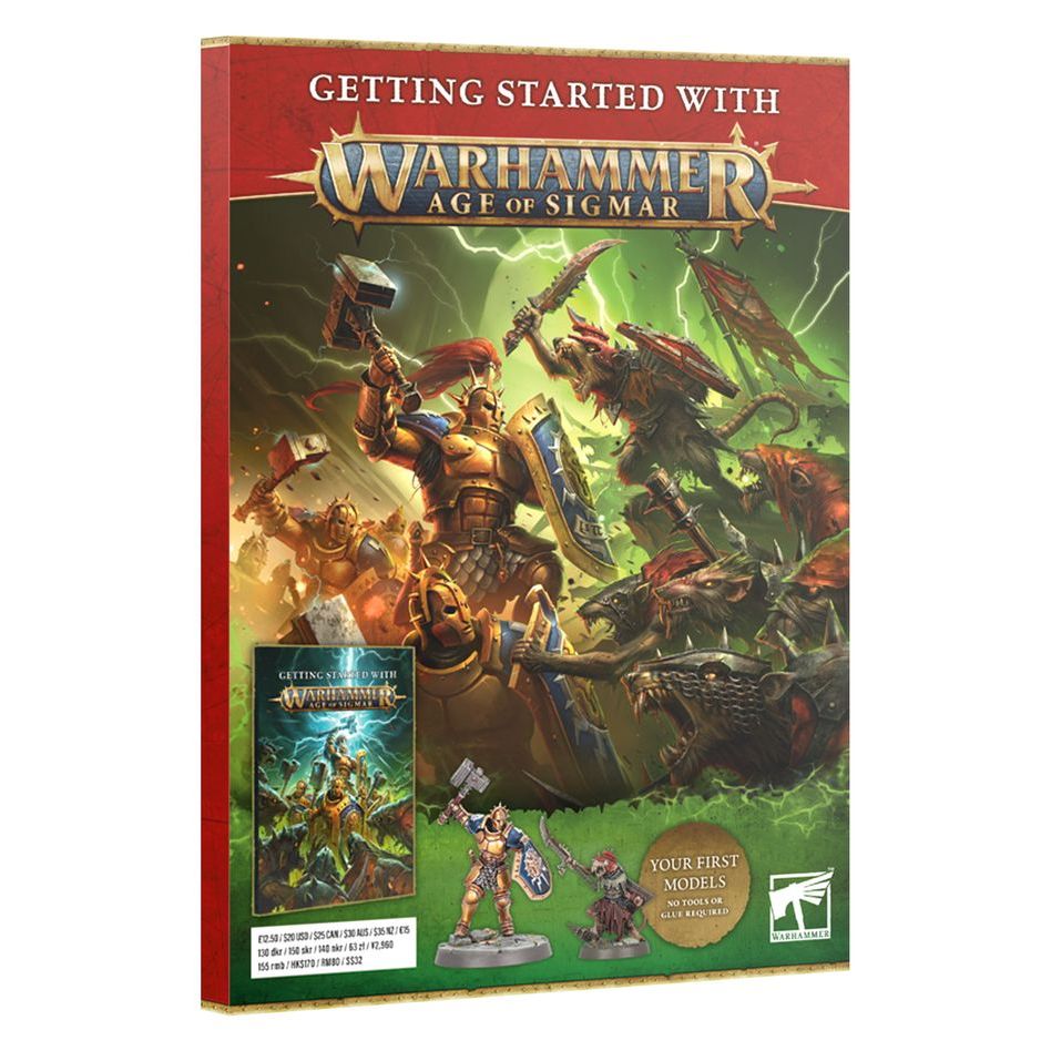 Warhammer Age of Sigmar 4th Edition starter set with miniatures and guide.