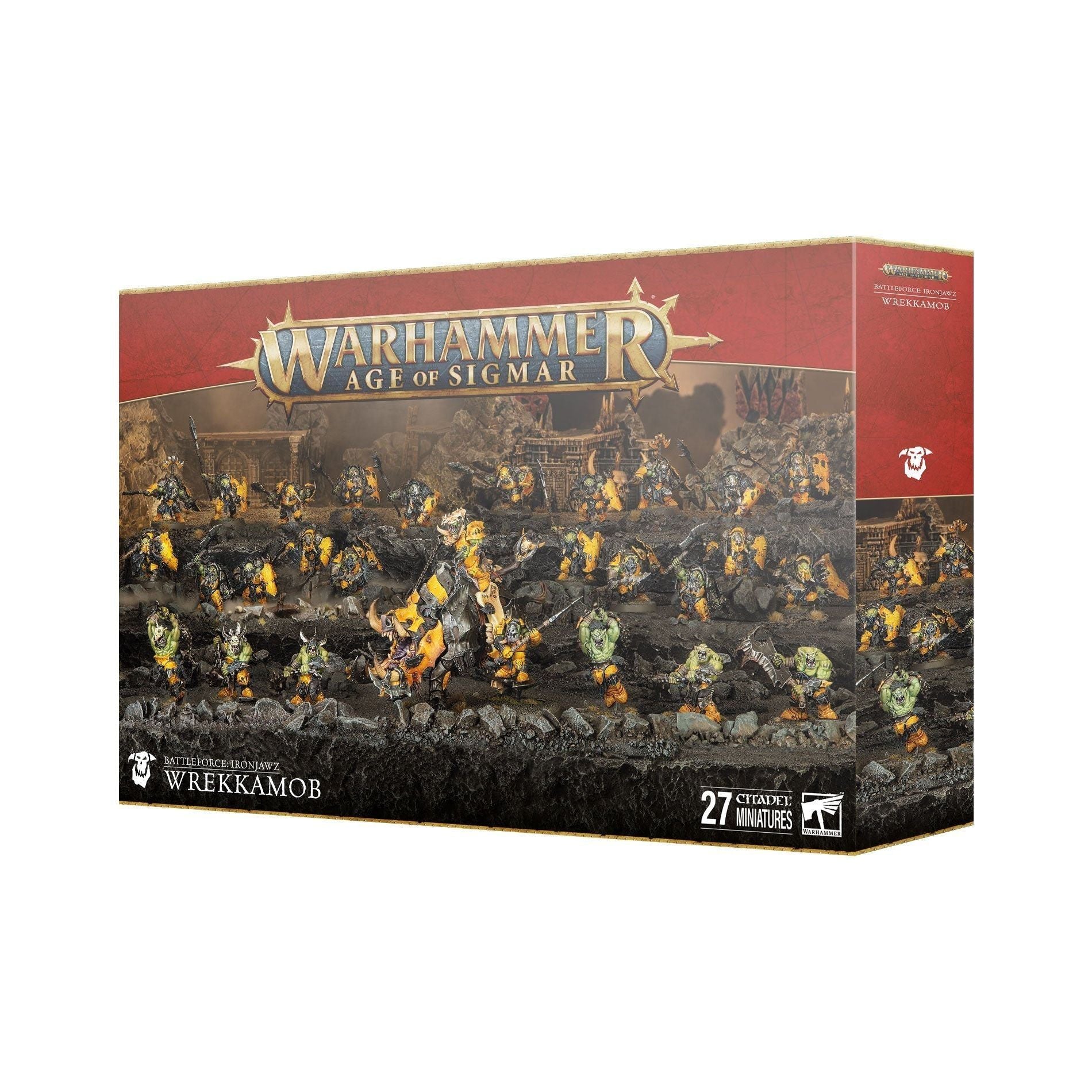 Warhammer Age of Sigmar Battleforce Ironjawz Wrekkamob box with 27 miniatures.