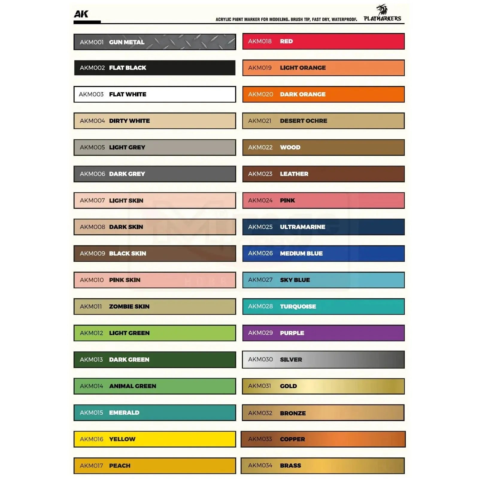 AK-Interactive Playmarkers special box set, full range of 34 colors, displayed in chart format.