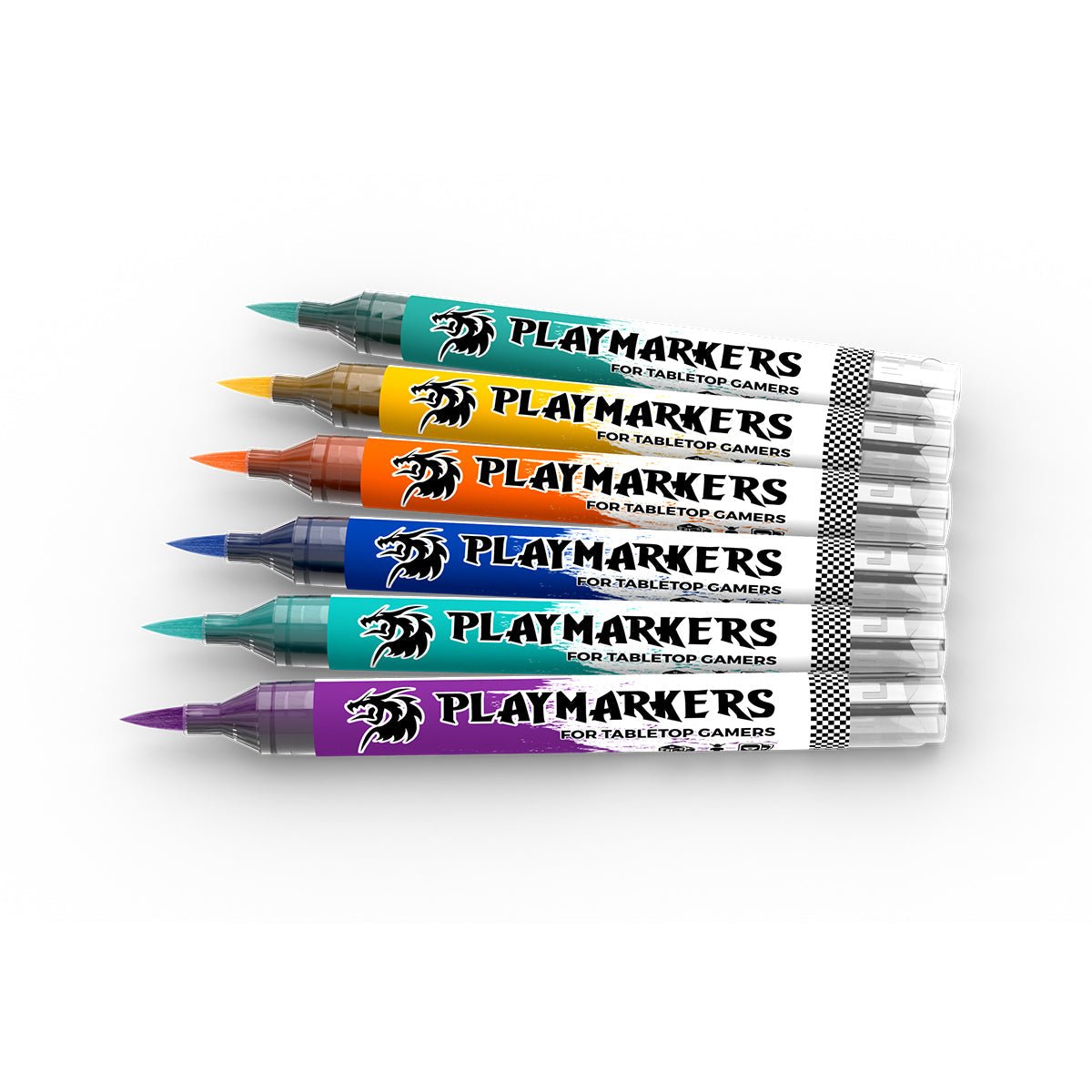 Playmarker set of six colors for painting clothes and decorations, including emerald, peach, dark orange, medium blue, turquoise, and purple.