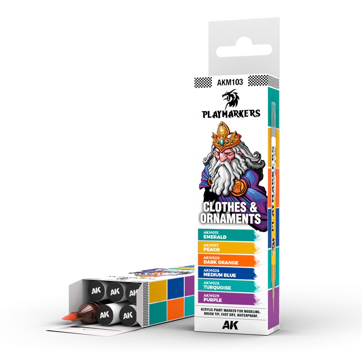 Playmarker set for painting clothes and ornaments, includes six vibrant colors: emerald, peach, dark orange, medium blue, turquoise, and purple.