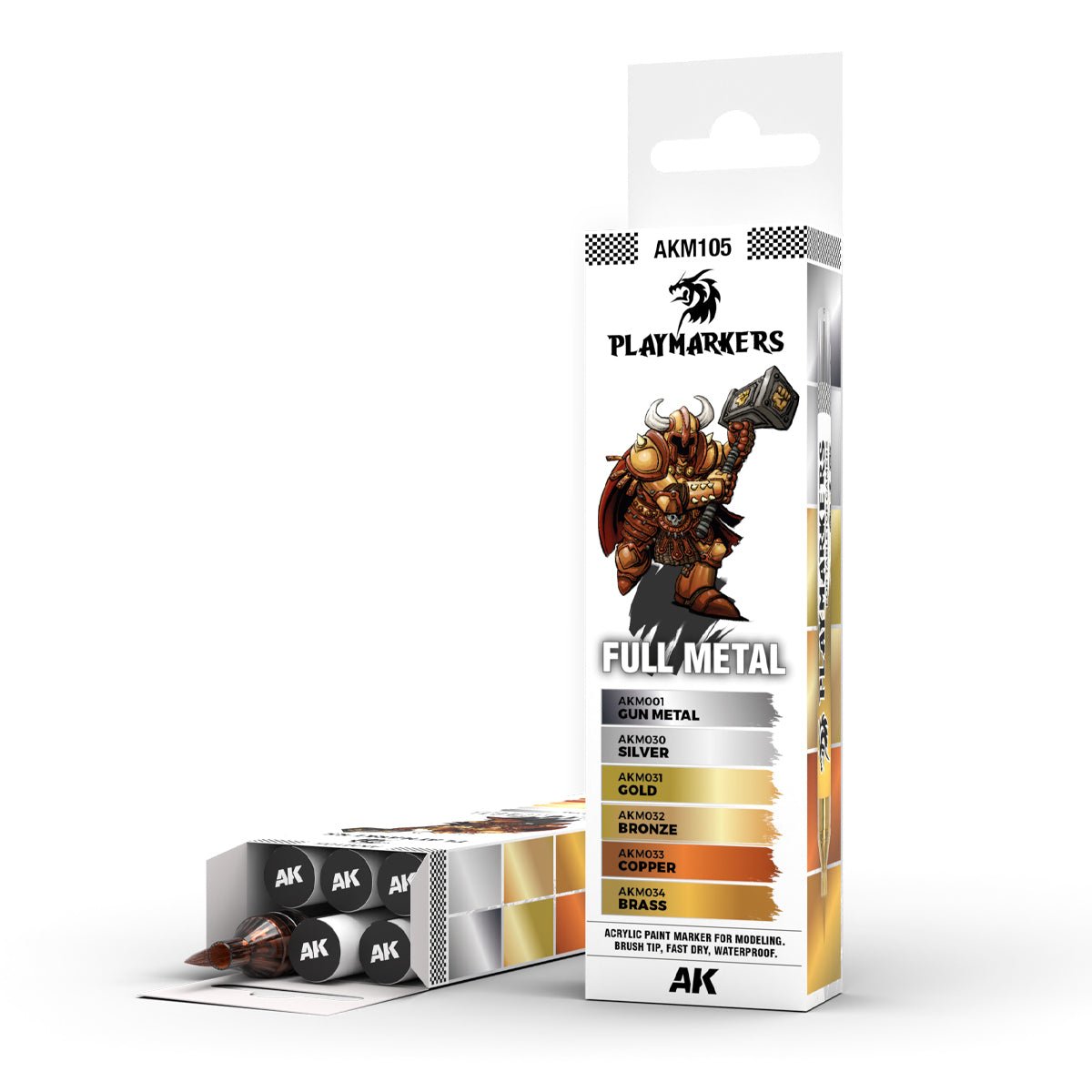 FULL METAL Playmarker Set packaging with six metallic colors for painting armor and accessories.