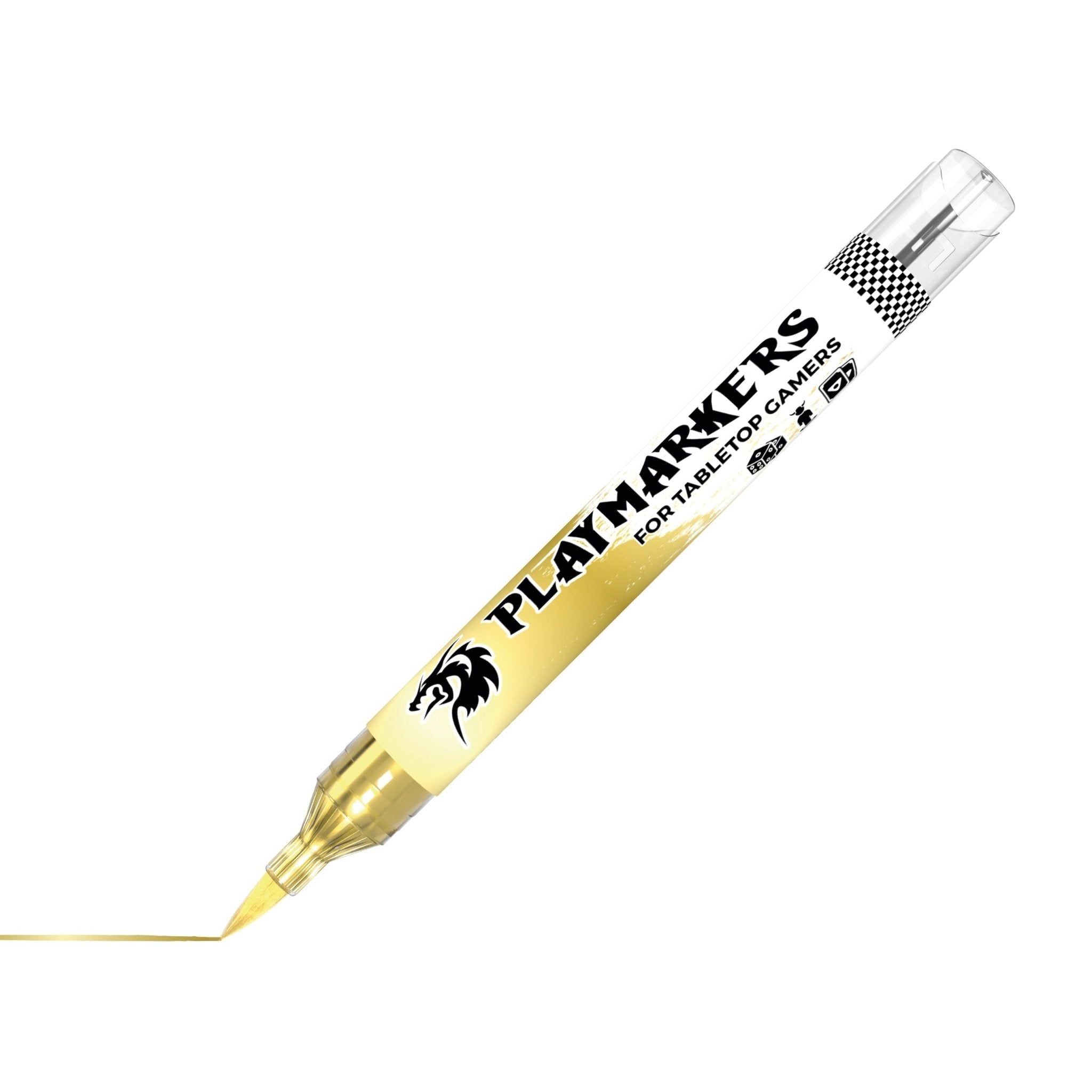 Gold Playmarker acrylic paint marker with brush tip for modelers and gamers, fast-drying and water-resistant.