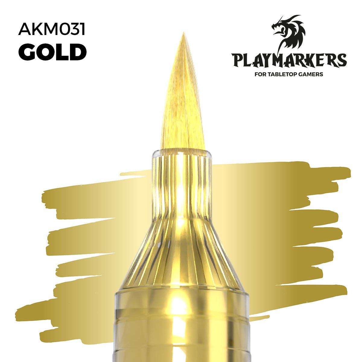 Gold acrylic paint marker with brush tip for modelers and gamers, fast-drying and water-resistant.