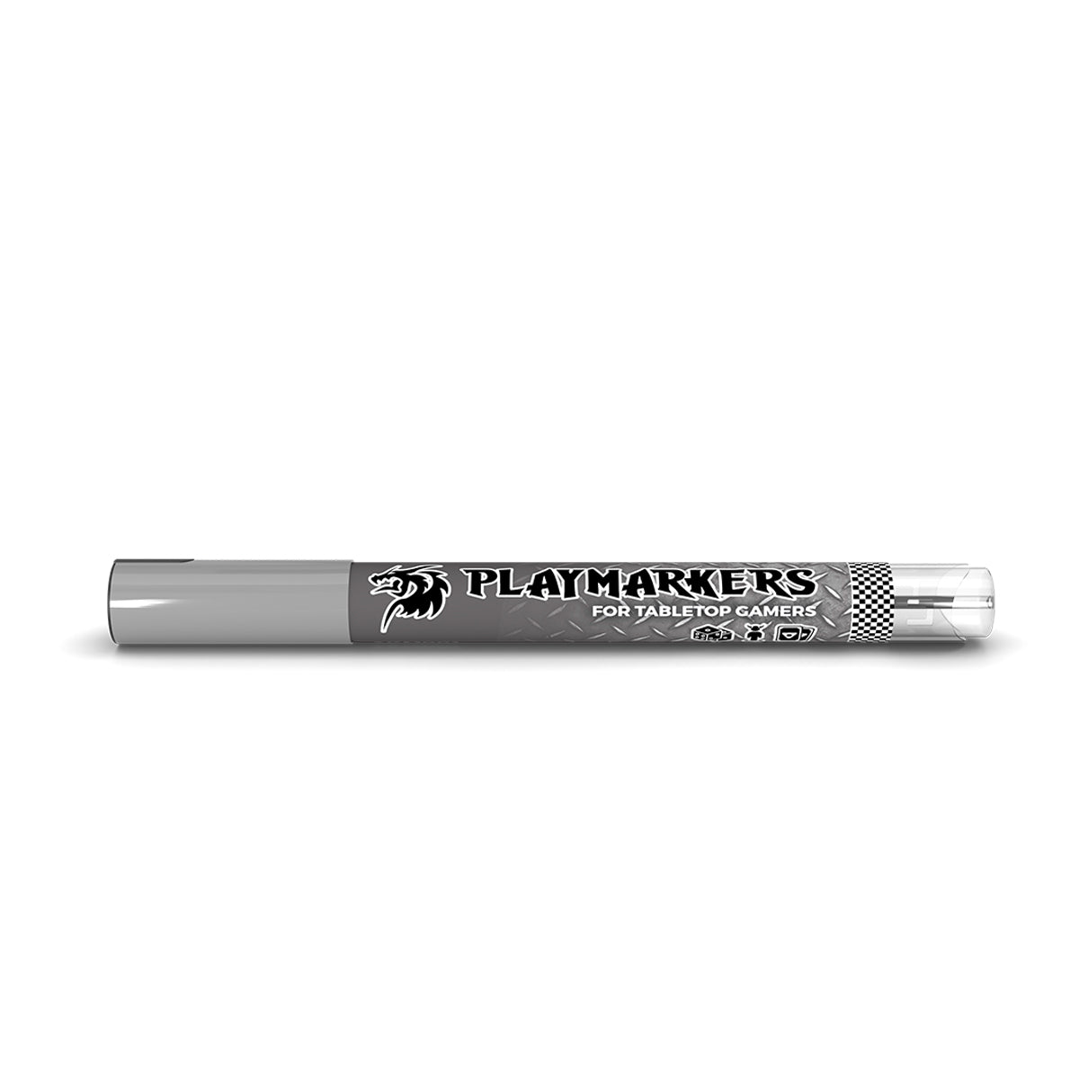 Acrylic paint marker with brush tip for modelers and gamers, labeled "Playmarkers," in gun metal color.