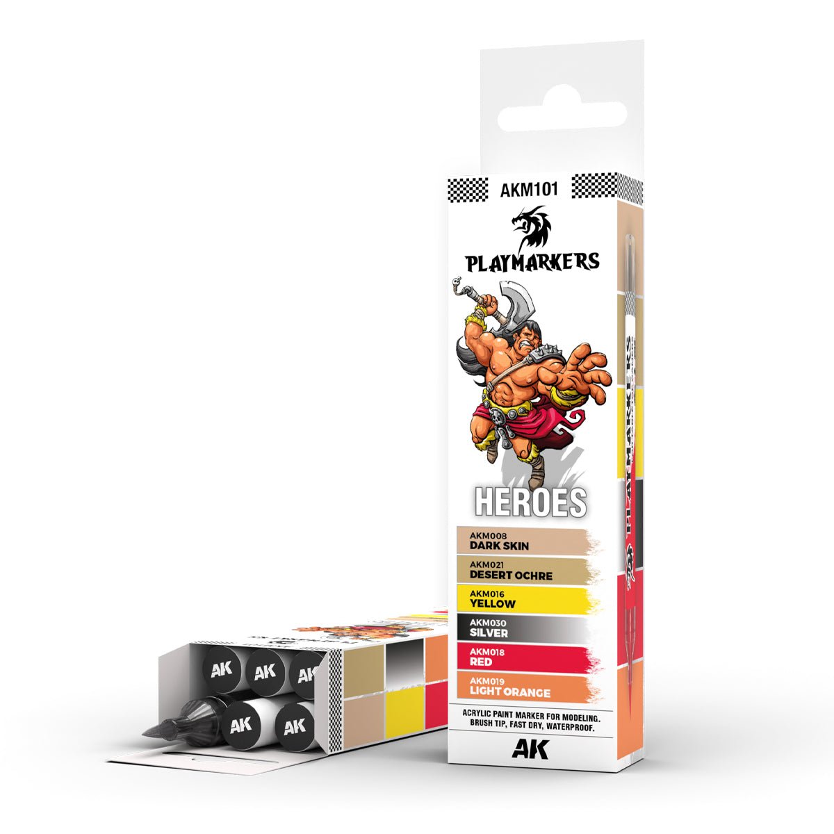 PLAYMARKER SET with six colors for painting models and figures, including Dark Skin, Desert Ochre, Yellow, Silver, Red, and Light Orange; fast-drying, water-resistant acrylic markers.
