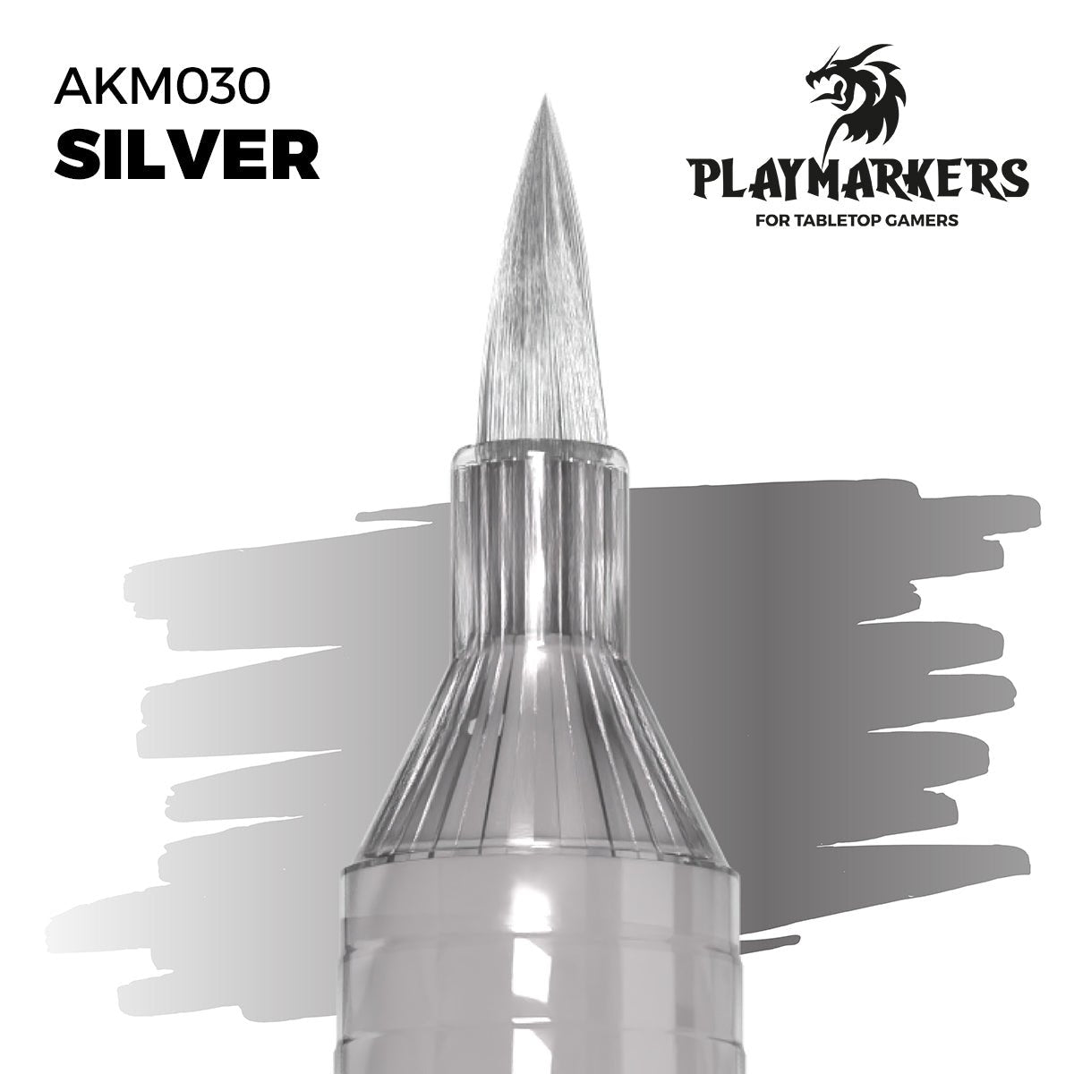 Acrylic paint marker for modelers and gamers with brush tip, fast-drying, silver color.