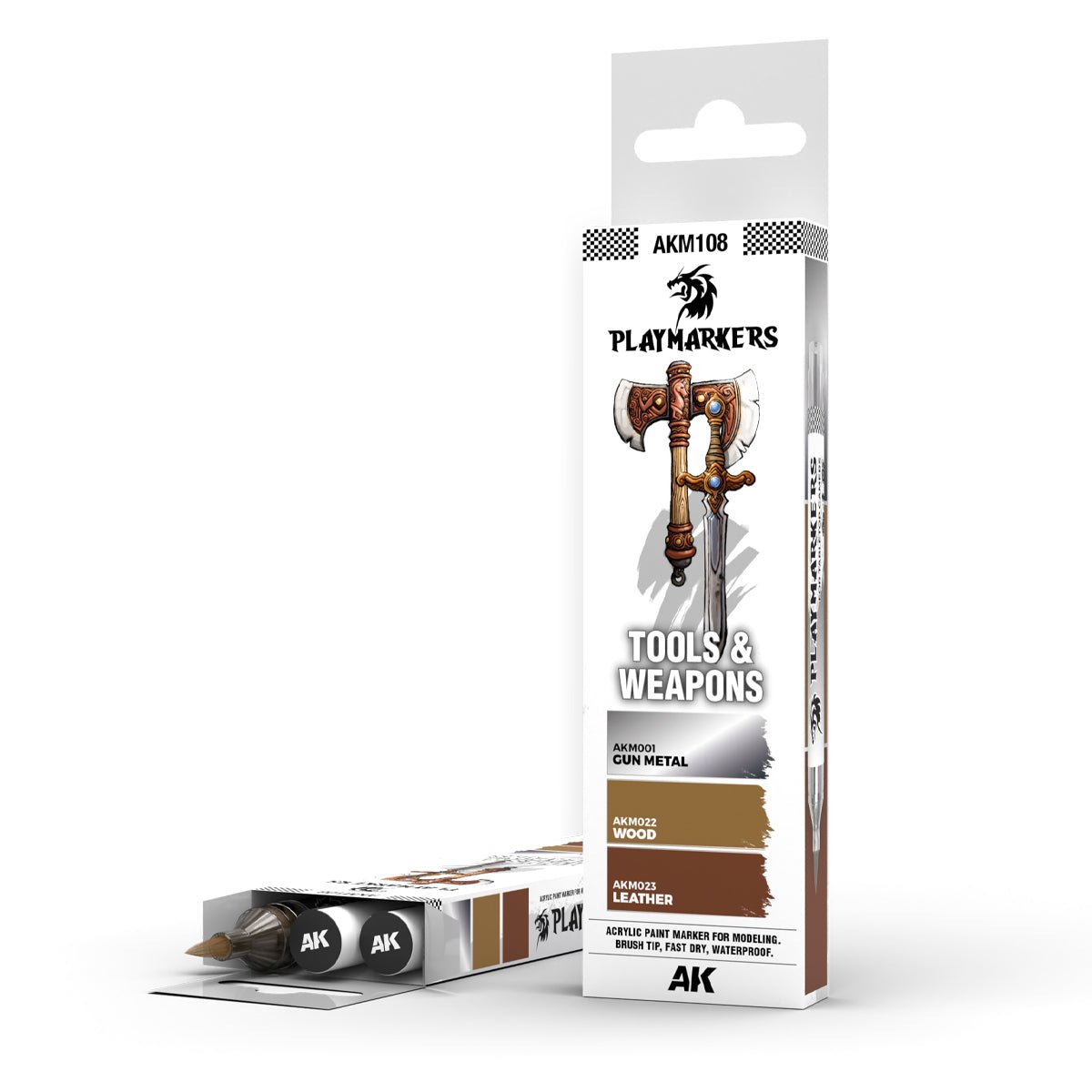 TOOLS & WEAPONS PLAYMARKER SET with three paint colors for weapons and tools, including GUN METAL, WOOD, and LEATHER.
