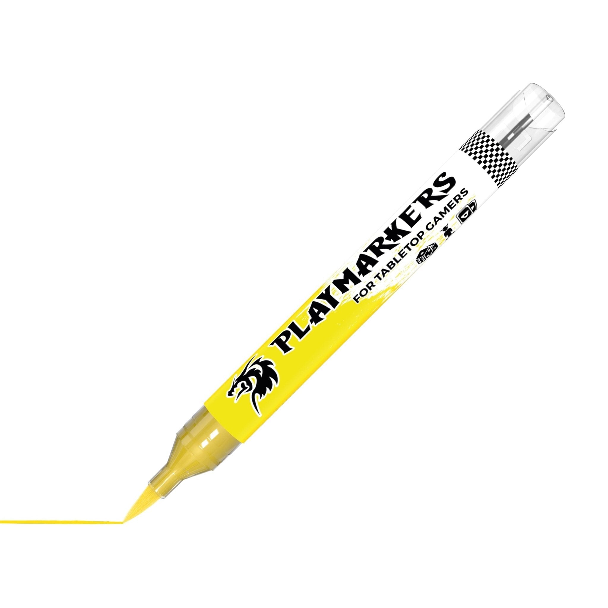 Yellow acrylic paint marker with brush tip for modelers and gamers, fast-drying, water-resistant.