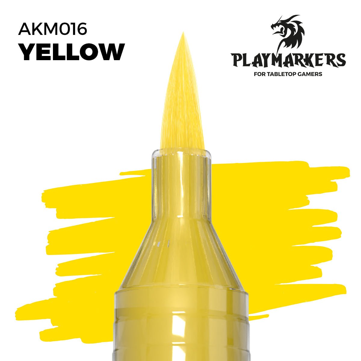 Yellow acrylic paint marker with brush tip for modelers and gamers, fast-drying and water-resistant.