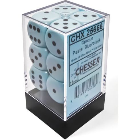 Chessex Opaque pastel blue and black 16mm dice block set of 12.