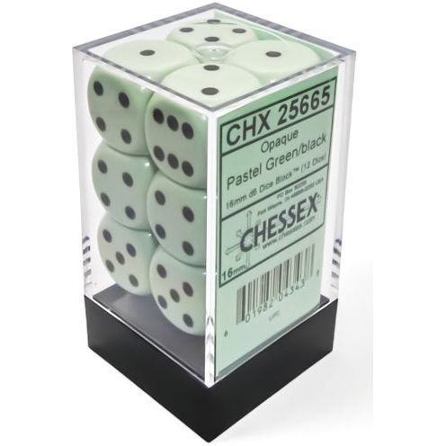 Chessex Opaque 16mm pastel green and black dice block, 12 dice set.