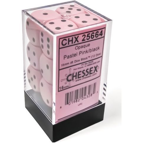 Chessex Opaque 16mm D6 Pastel Pink/Black Dice Block (12 dice)