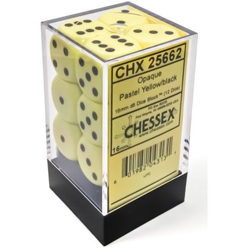 Chessex Opaque 16mm D6 Pastel Yellow/Black Dice Block (12 dice) in packaging.
