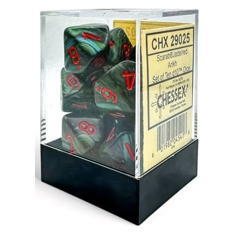 Chessex Scarab Jade D10 dice set with green sides and red numbers in a display box.