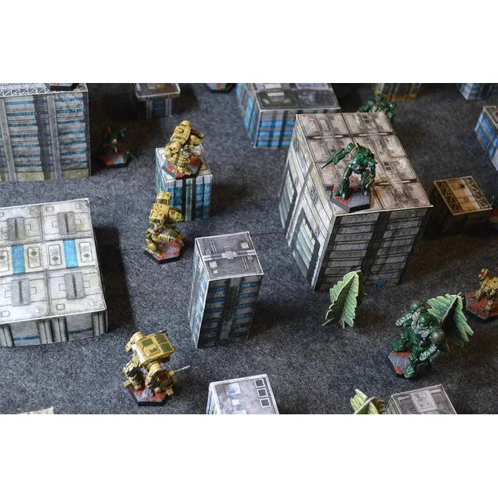 BattleTech: Alpha Strike tabletop game with miniatures and buildings.