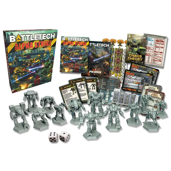 BattleTech: Alpha Strike box set with miniatures, rulebook, cards, and gaming accessories.