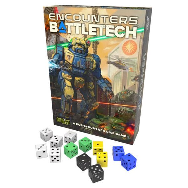 BattleTech Encounters board game box with colorful dice set.