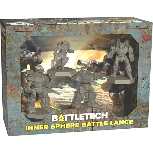 BattleTech Inner Sphere Battle Lance box set with miniatures, pilot cards, and Alpha Strike cards.