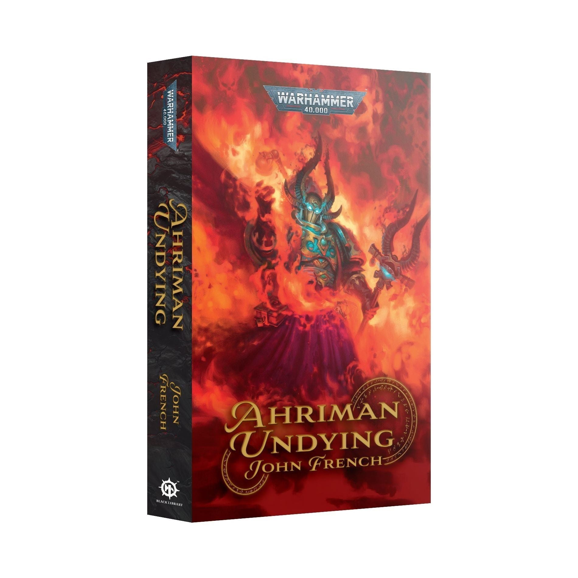 Ahriman: Undying paperback cover art with fiery background.