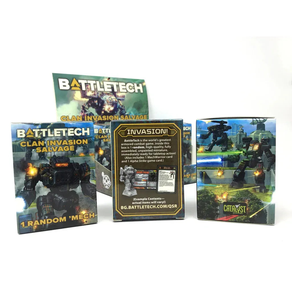 BattleTech Clan Invasion Salvage Blind Box Display showcasing random BattleMechs.