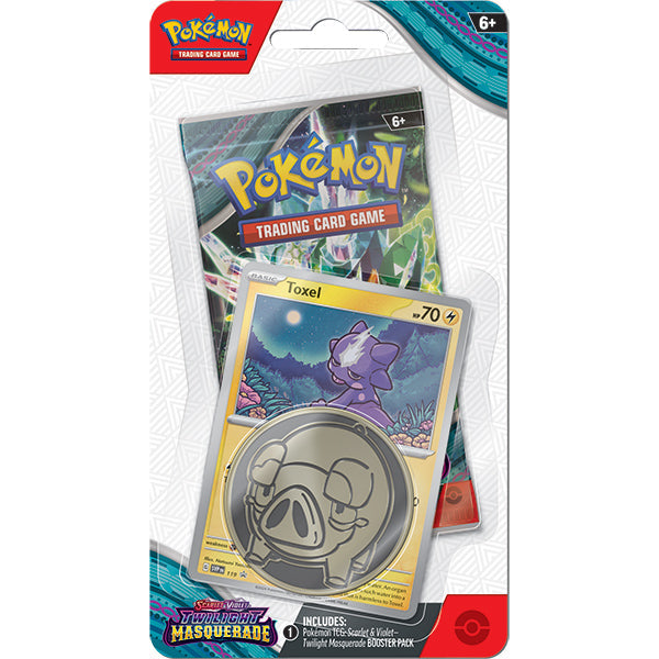 Pokemon TCG Scarlet & Violet Twilight Masquerade Checklane Blister Pack with booster, foil promo card, and collectible coin.
